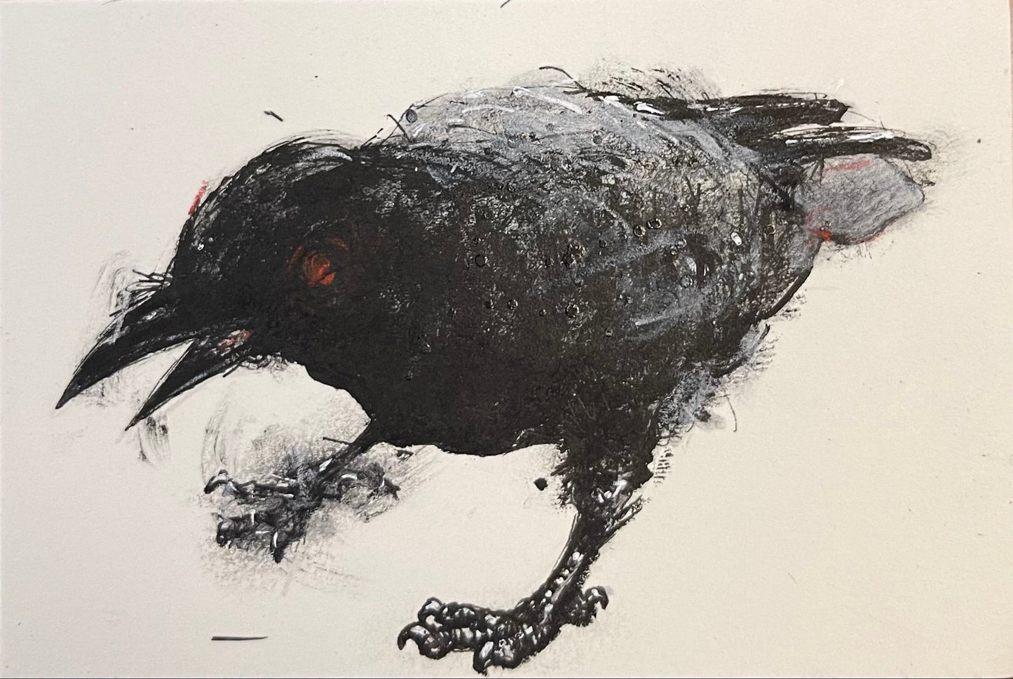 Artistic depiction of a black bird on a textured surface