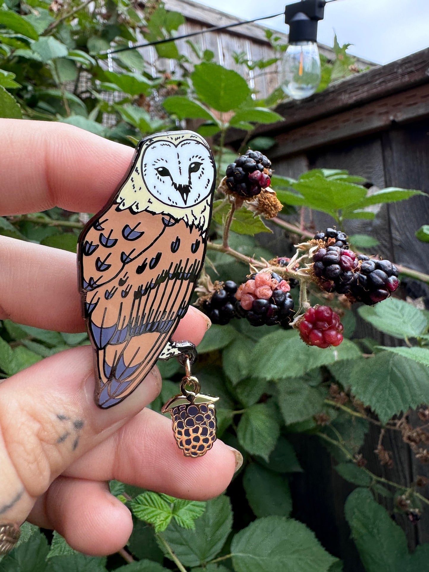Of Moth and Flame Barn Owl & Blackberry Enamel Pin