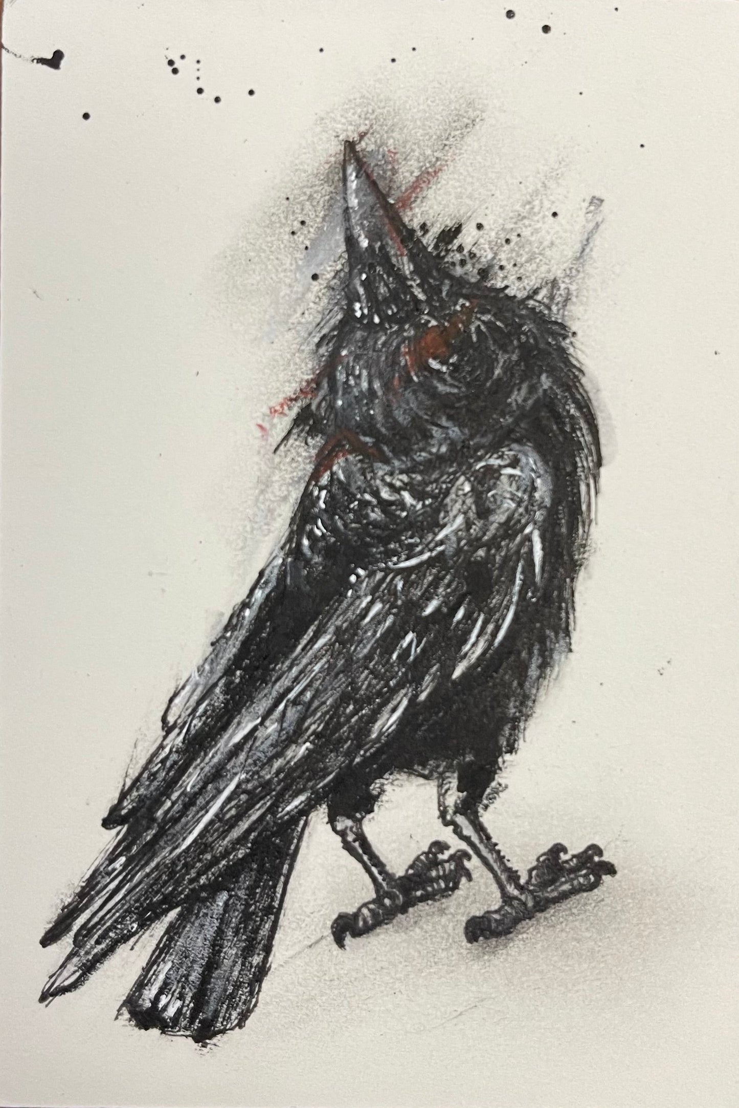 Black and white drawing of a bird on a textured white background