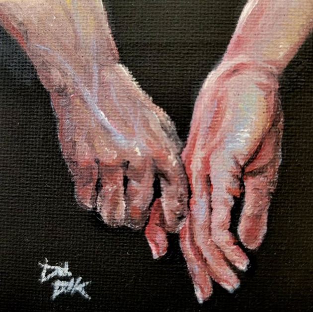 A close-up painting of two human hands reaching toward each other, rendered in pink, peach, and beige tones against a dark black background. A white artist signature is visible in the lower left corner.