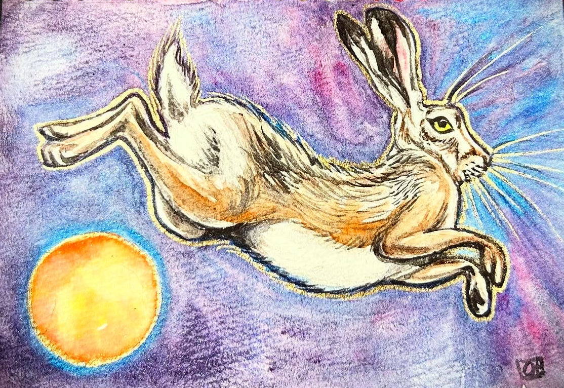 Colorful drawing of a leaping hare with a sun in the background on a textured surface.