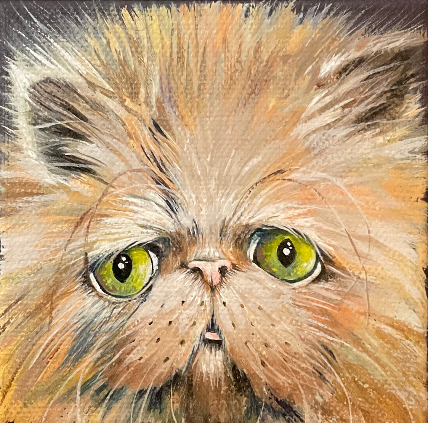 Close-up painting of a cat with green eyes and fluffy fur.