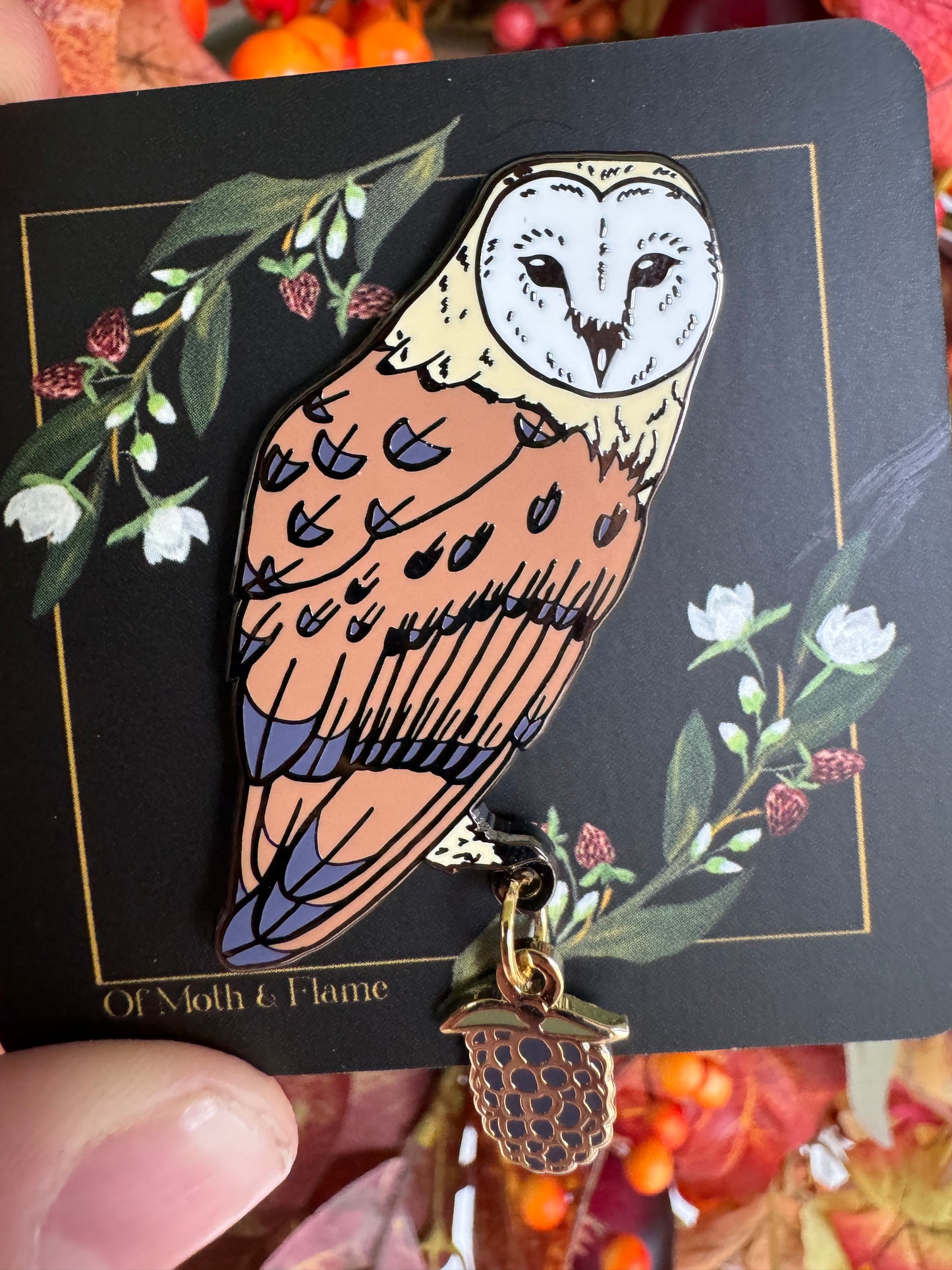 Of Moth and Flame Barn Owl & Blackberry Enamel Pin