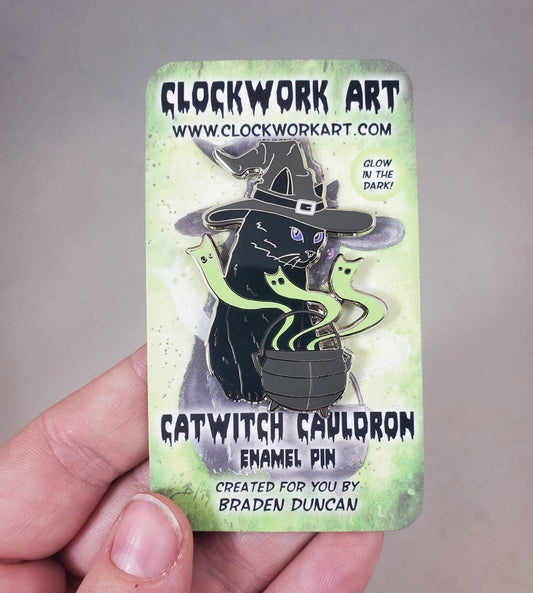 Clockwork Art "Catwitch Cauldron" Glow in the Dark Enamel Pin