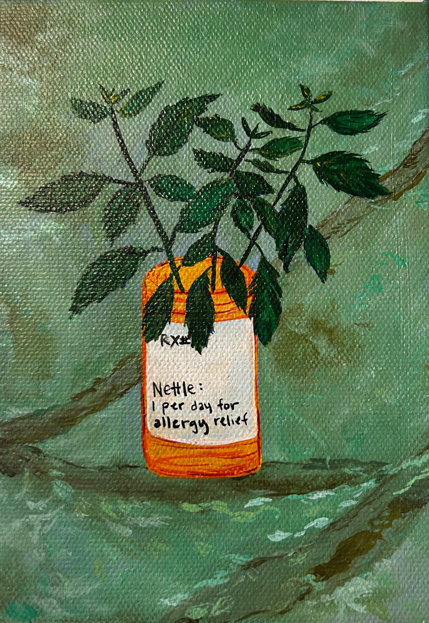 Small painting of a bottle with a label on a green background