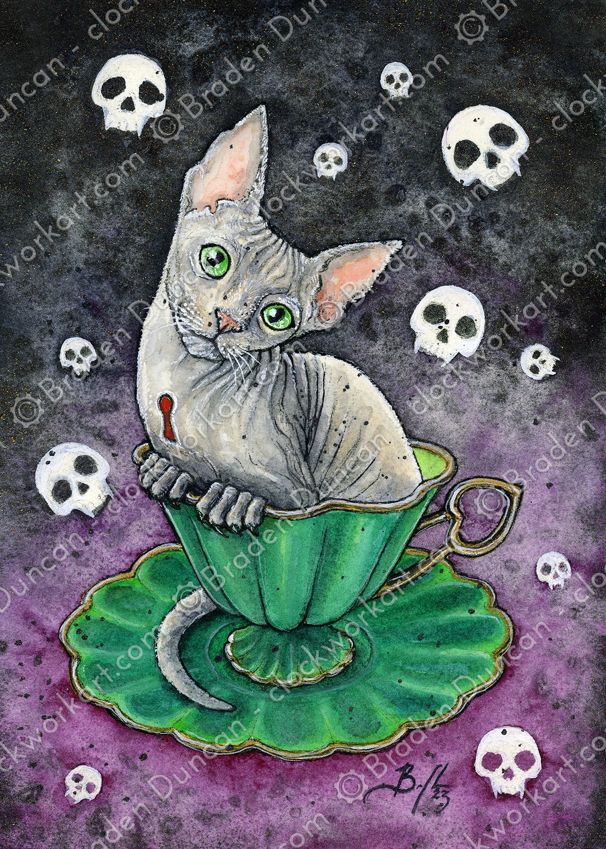 Clockwork Art "Teacup Kitten: Sencha with Skulls" Print