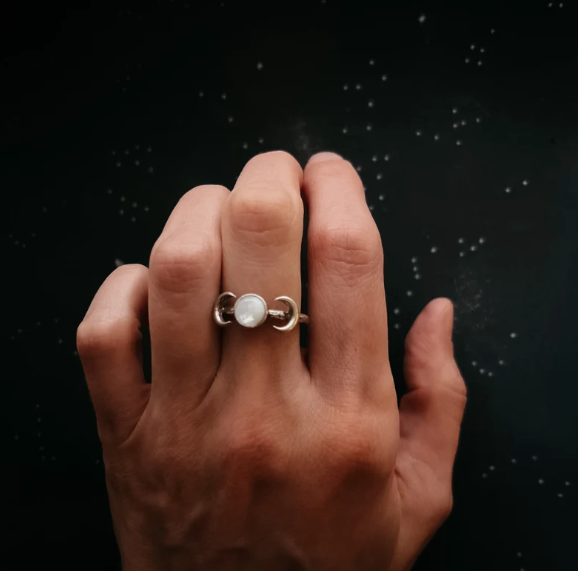 Yugen "Lunar Witch" Crescent Moon Ring with Rainbow Moonstone