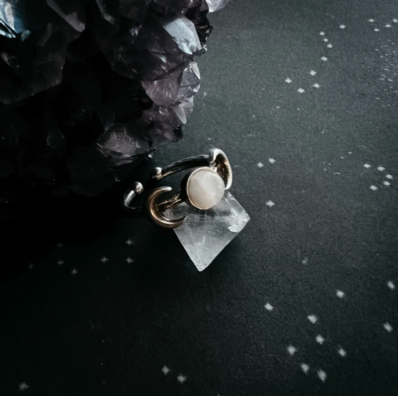 Yugen "Lunar Witch" Crescent Moon Ring with Rainbow Moonstone