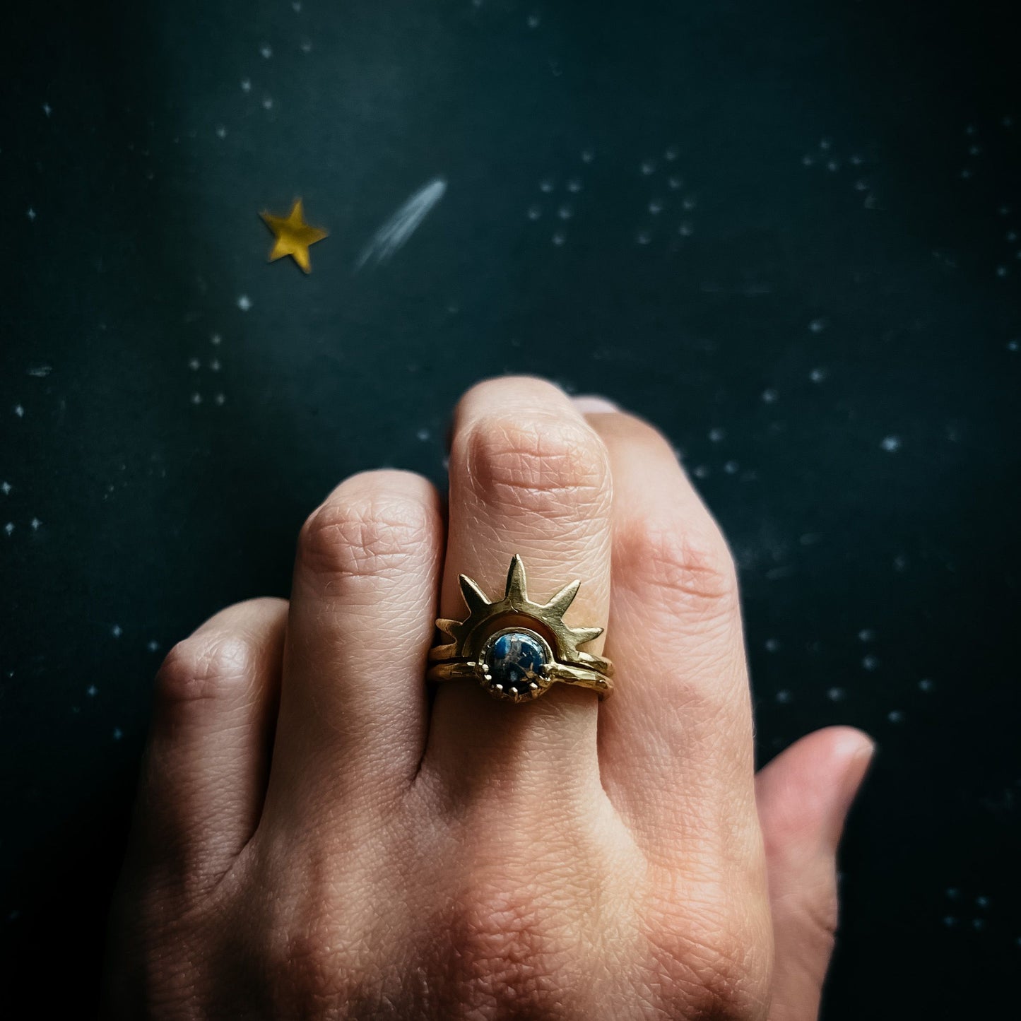 Yugen Dark Before Dawn Sunburst Ring with Copper Lapis Lazuli
