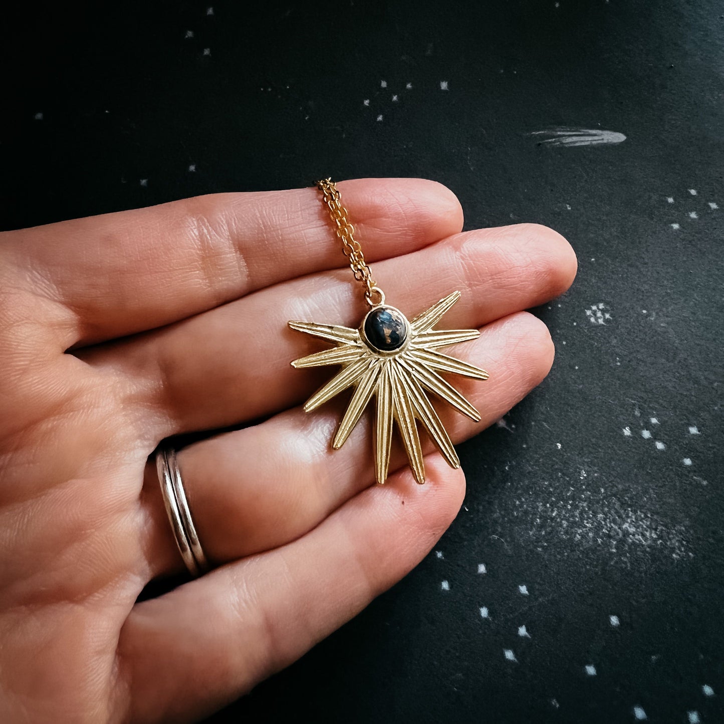 Yugen Dark Before Dawn Sunburst Necklace with Copper Lapis Lazuli