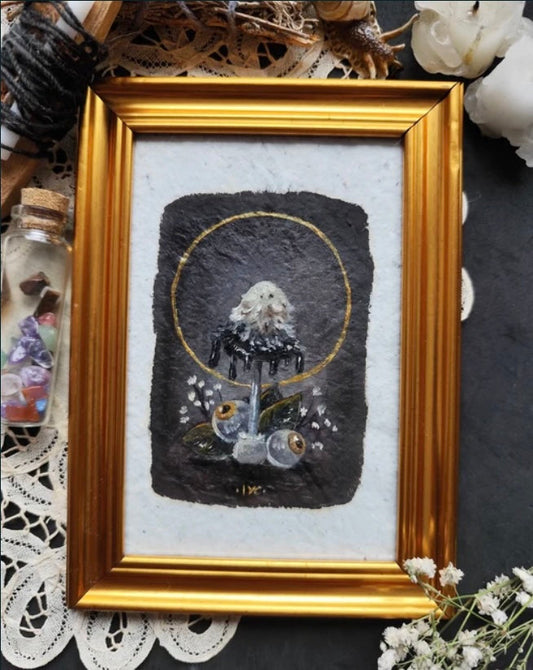 painting of a inky cap mushroom with gold leaf accents, in a gold frame