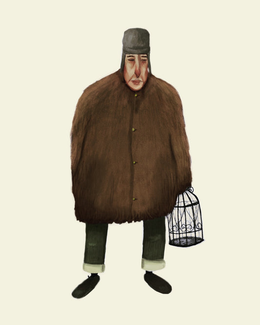 a painting of a man wearing a brown winter coat and green hat, holding an empty bird cage
