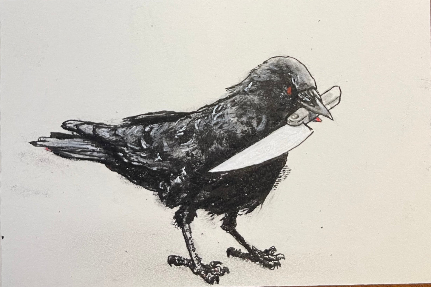 Black and white drawing of a bird with a knife in its beak, on a plain background