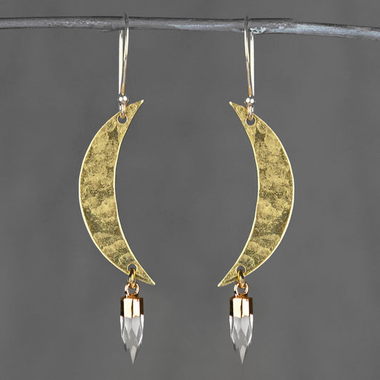 KBD Studios Long Hammered Moon and Quartz Earrings *PRE-ORDER 10/15*