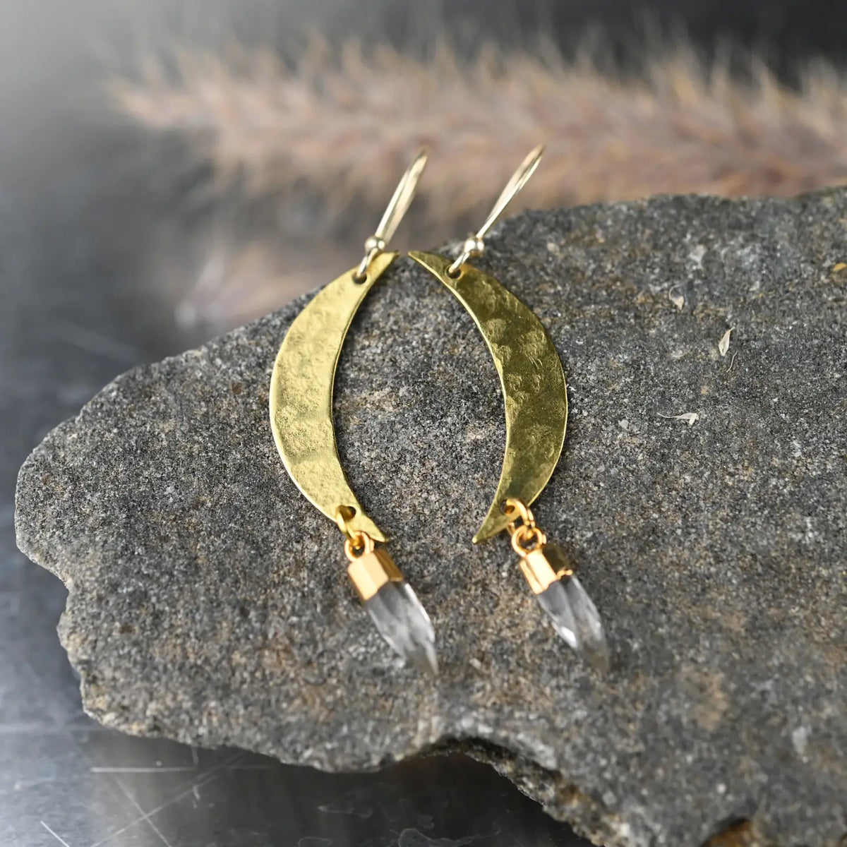 KBD Studios Long Hammered Moon & Quartz Earrings *PRE-ORDER 11/20*