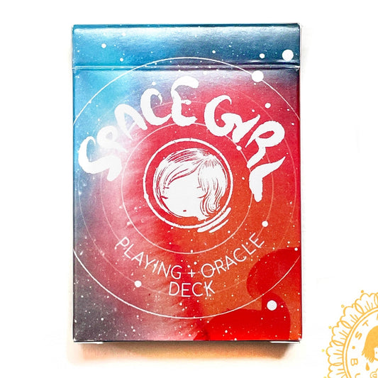Space Girl playing and oracle deck packaging with gradient design and brand logo.