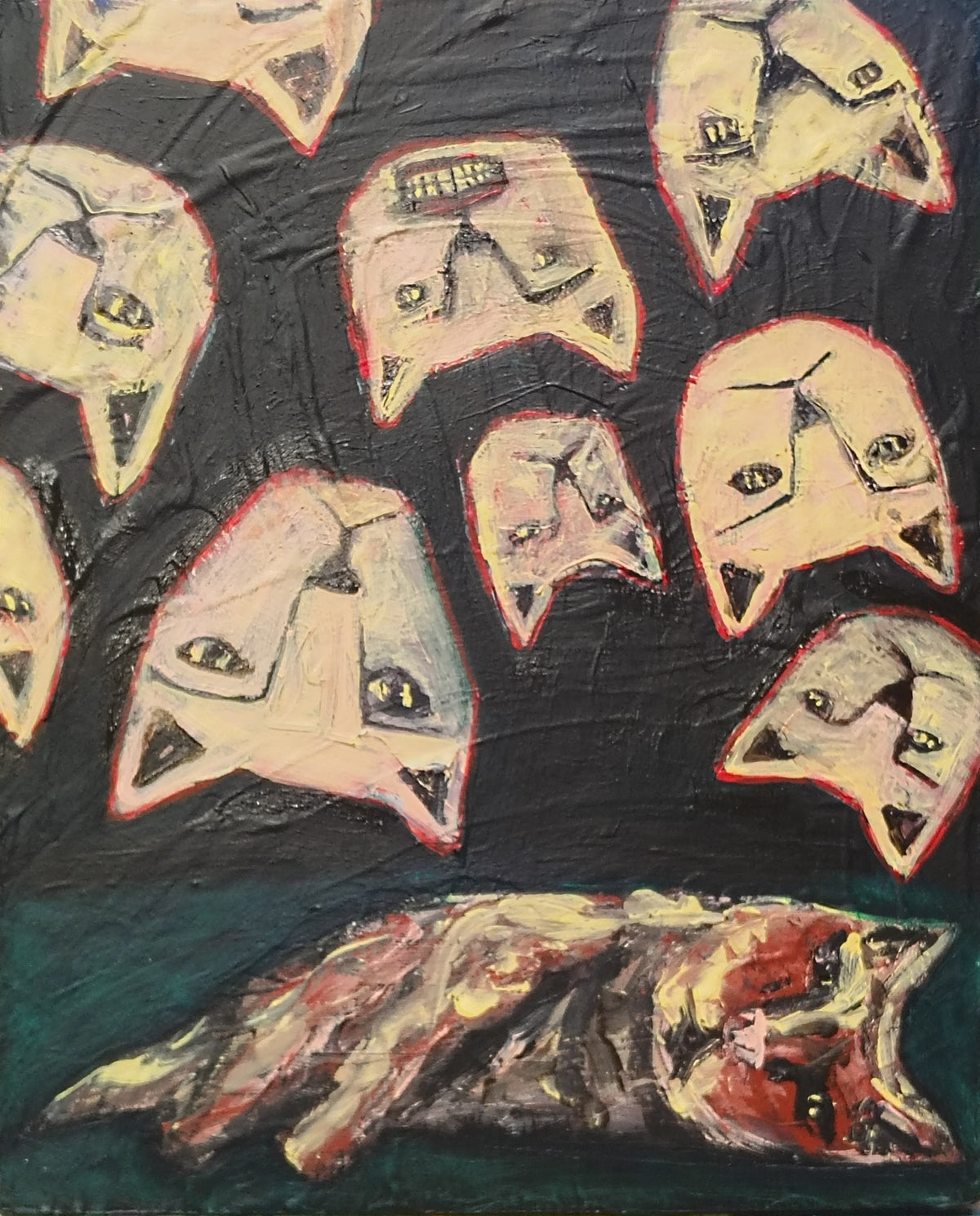 painting of cat heads floating up above a cat lying down