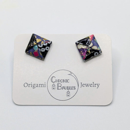Pair of square floral earrings on a Chronic Baubles card against a white background