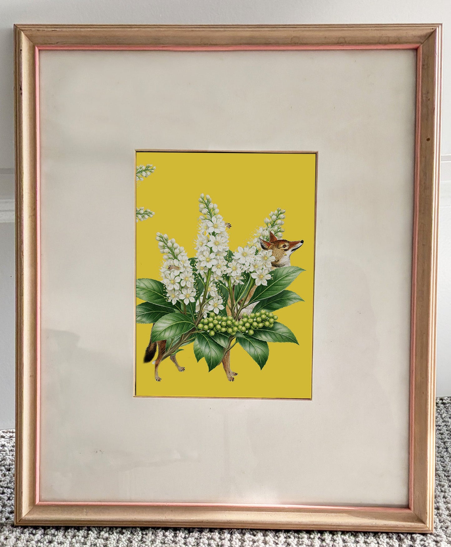 Framed botanical illustration with a yellow background and white flowers on a textured surface.