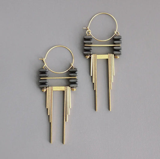 David Aubrey Art Deco Hematite & Brass Hoops