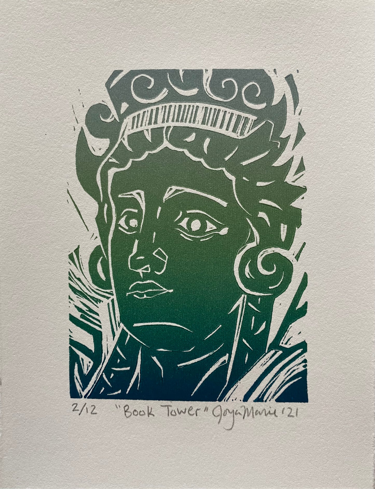 Joya Marie "Caryatids / Book Tower" Linocut