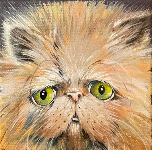 Close-up painting of a cat with green eyes and fluffy fur.