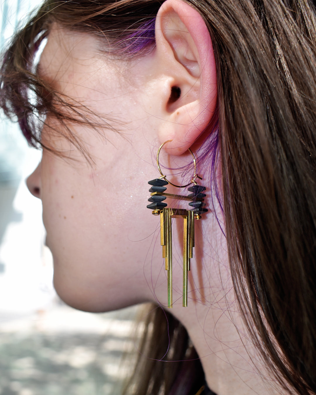 David Aubrey Art Deco Hematite & Brass Hoops