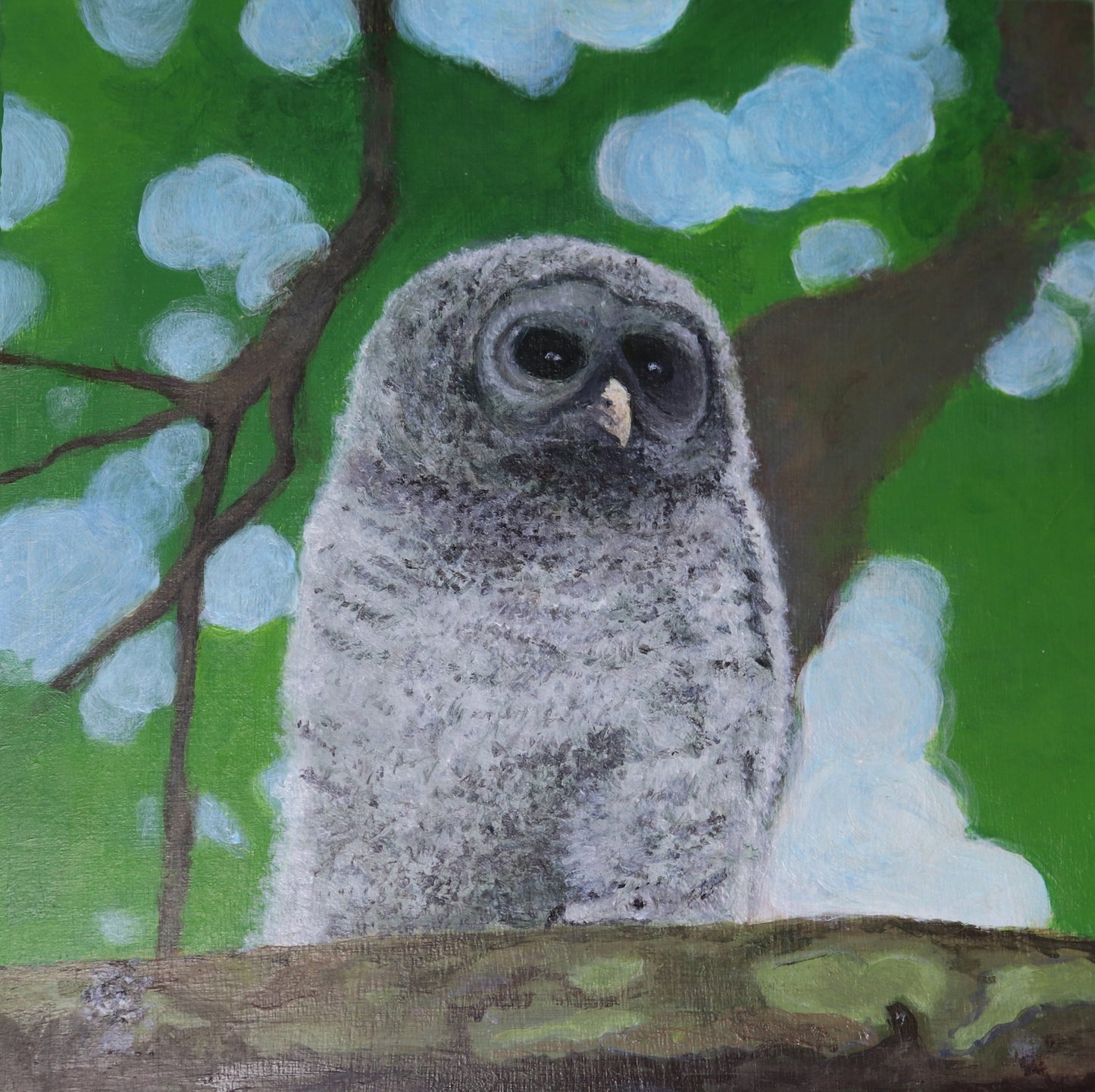 Painting of an owl on a branch with a green background