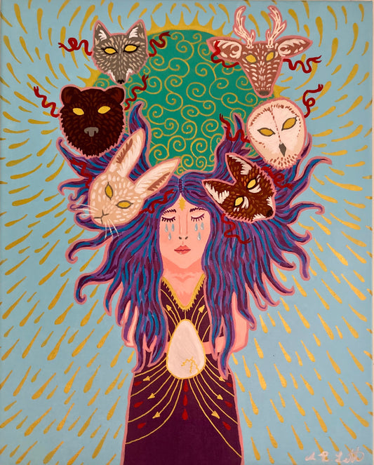 A colorful fantasy art print or painting featuring a central figure with long blue-purple hair composed of animal heads, surrounded by a green sun and yellow rays on a light blue background.