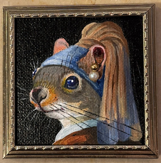 Kelly Lyles "Squirrel with a Pearl Earrings (gold square)"