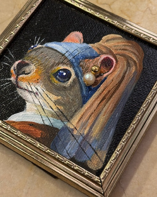 Kelly Lyles "Squirrel with a Pearl Earrings (gold square)"