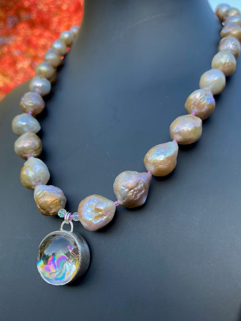 Flannery Grace Baroque Pond Slime Edison Pearls & Rainbow Quartz Pendant