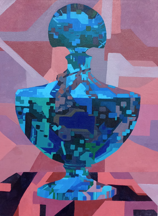 A colorful pop-art style painting of a blue glass bottle or perfume bottle, set against a geometric background of pink, purple, and blue shapes.