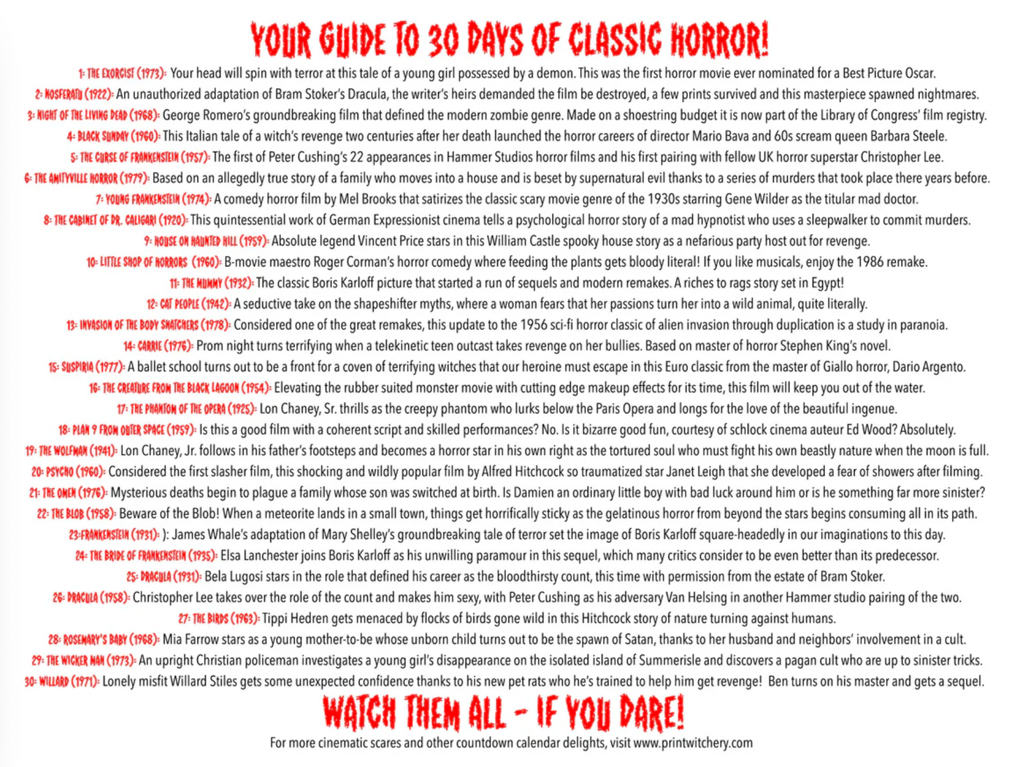 Print Witchery Classic Horror Month of Movies Calendar