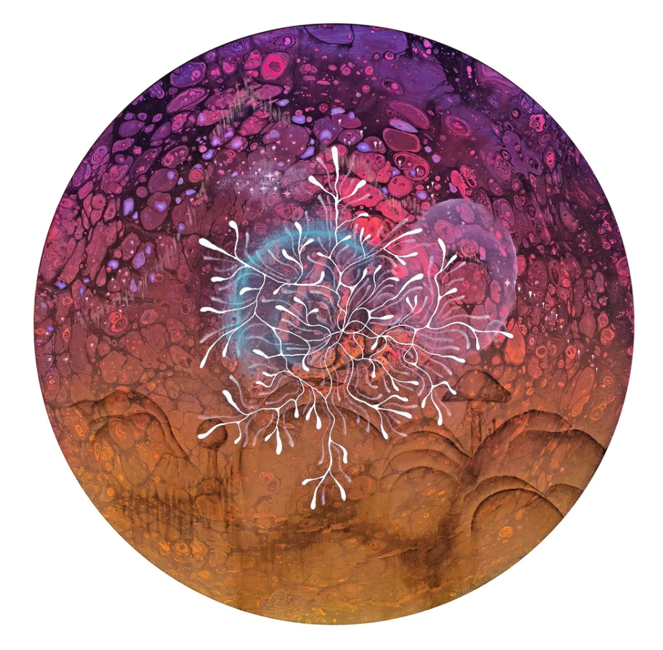 Circular artwork with a central white mushroom-like figure on a purple and brown gradient background, titled 'AMANITA MUSCARIA' by the artist.