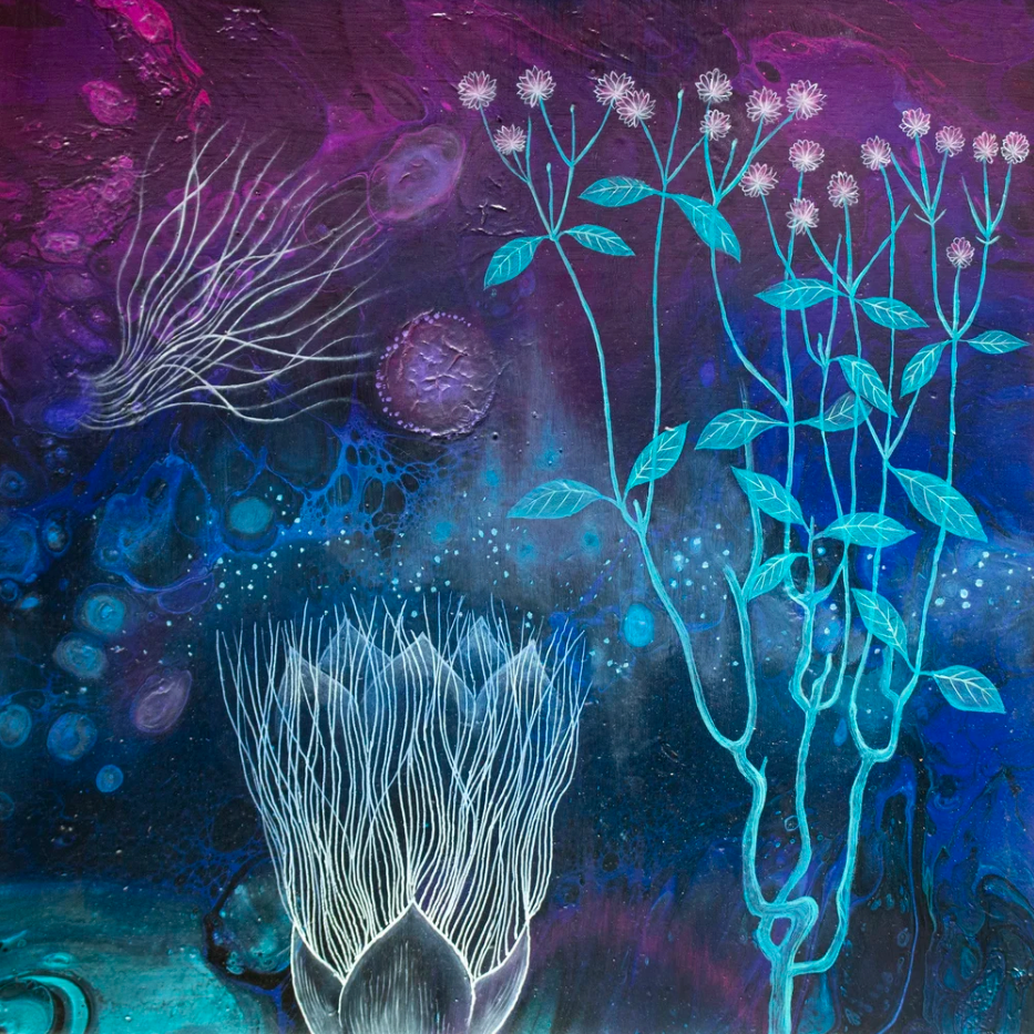 Artistic depiction of plants and abstract elements with a purple and blue color scheme.