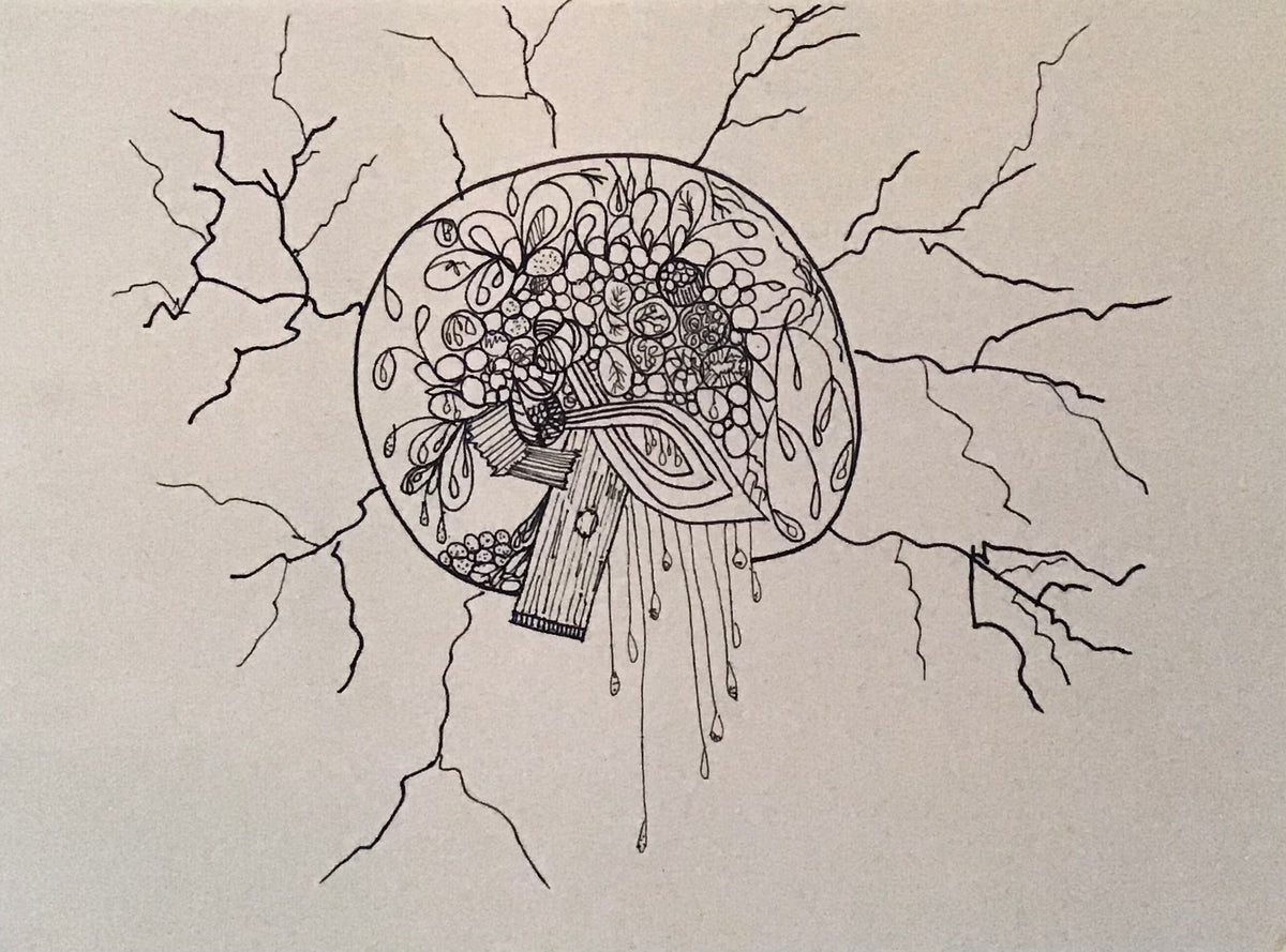 A black ink illustration on textured off-white paper, featuring a circular floral and organic composition with dripping details and branching line work extending outward.
