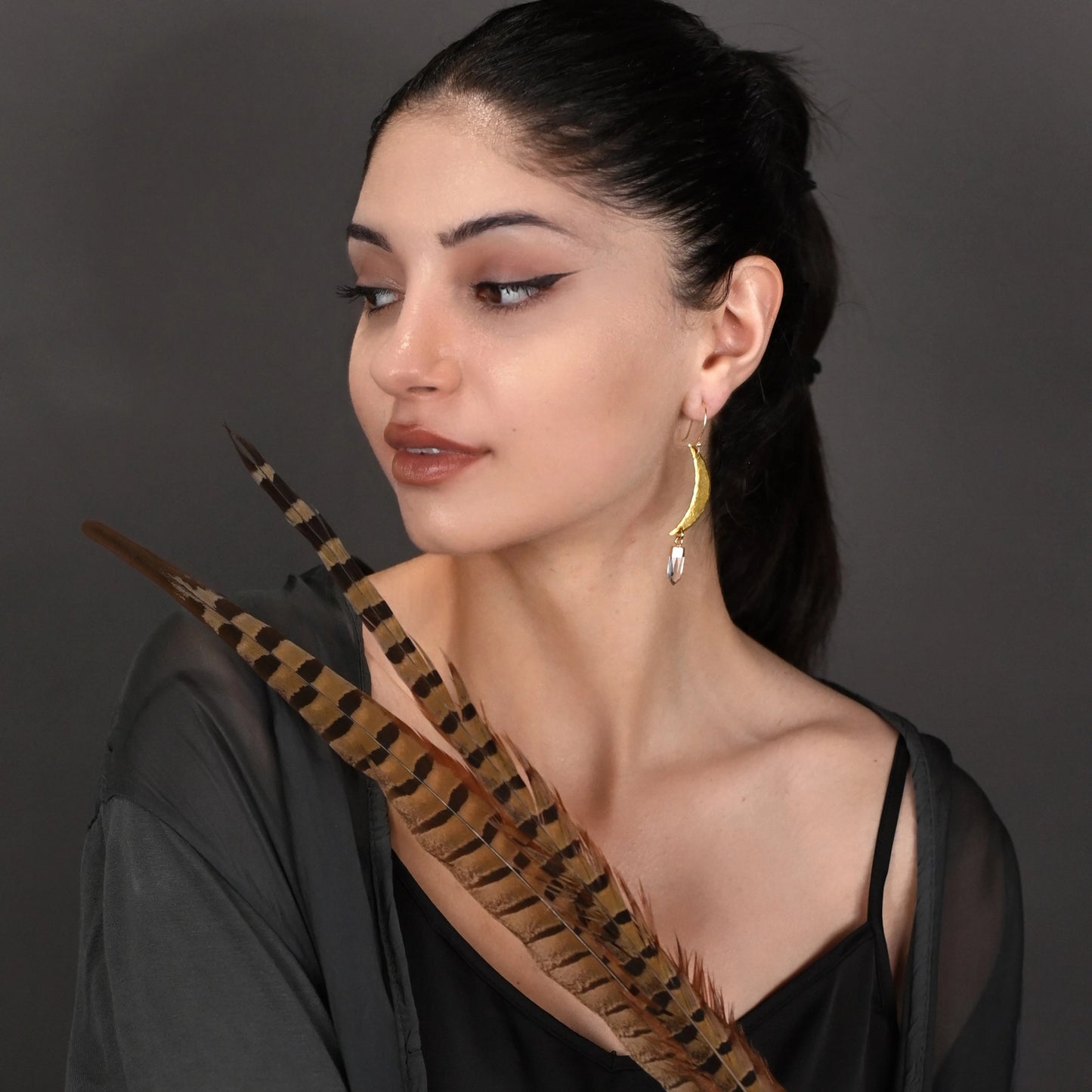 KBD Studios Long Hammered Moon and Quartz Earrings *PRE-ORDER 10/15*