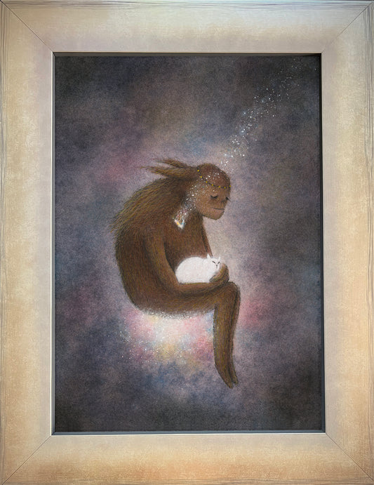 A framed fantasy art print depicting a small brown rabbit-like creature sitting and holding a glowing white orb against a dark, starry purple and blue background. The artwork is presented in a wide, textured light beige frame.