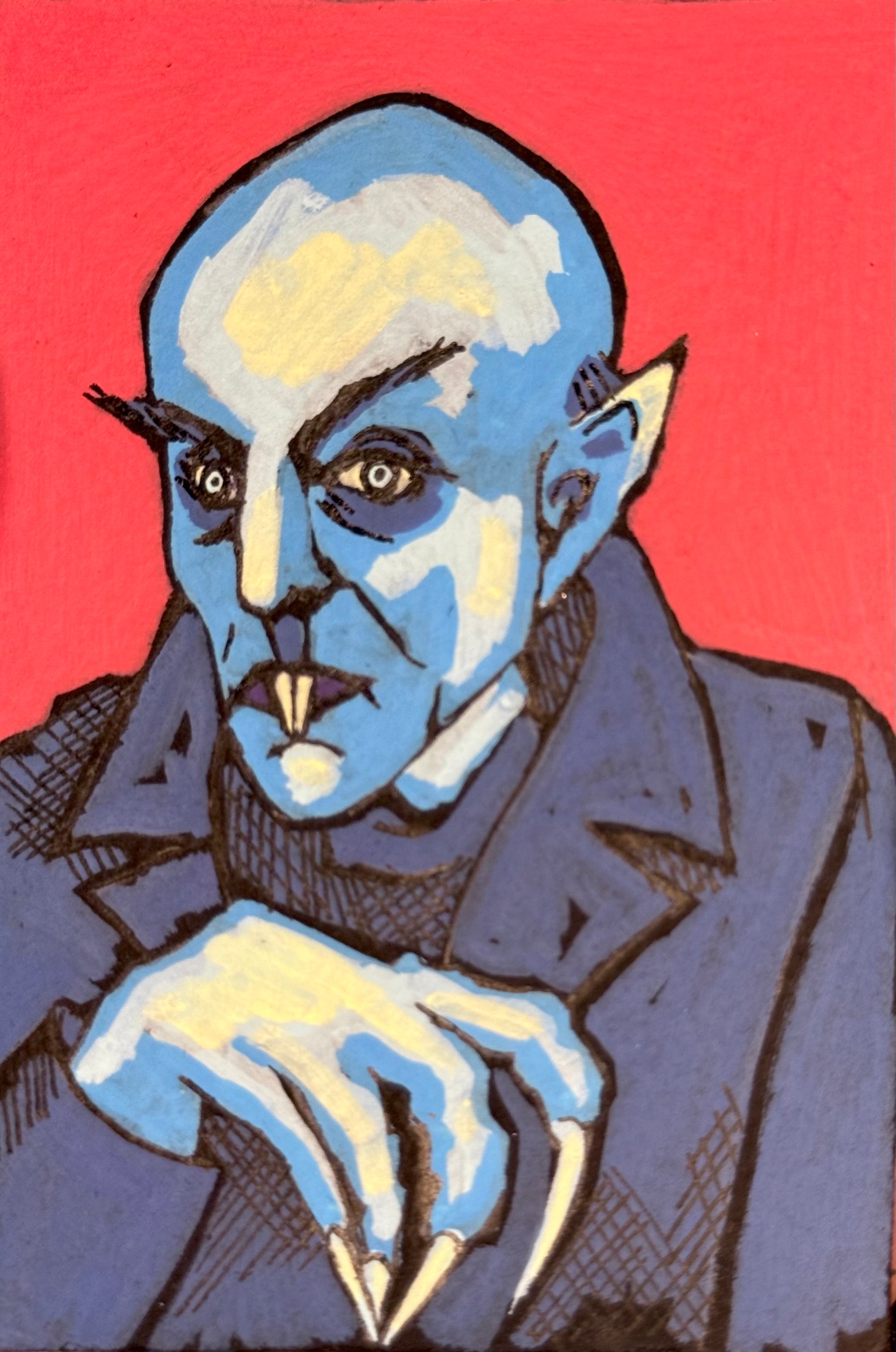 Stylized portrait of Nosferatu with blue skin and pointed ears on a red background