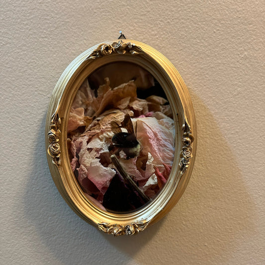 An ornate oval gold frame mounted on a beige wall, containing a dark, macabre artwork filled with dried flowers, leaves, and a black object.