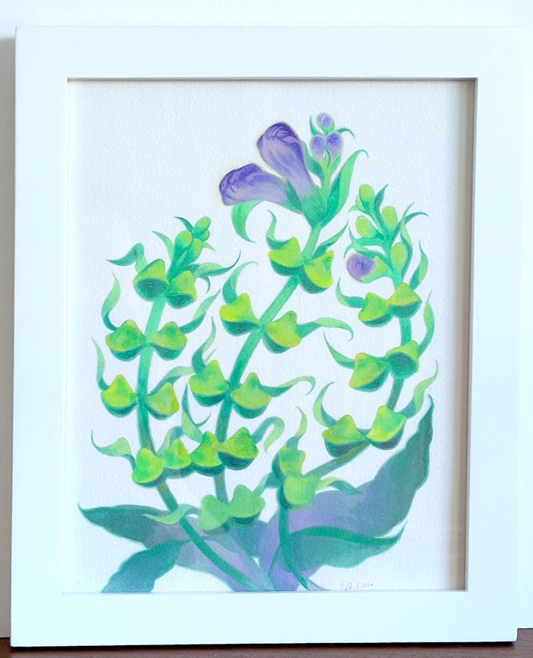 Framed artwork of a green and purple floral design on a light blue background