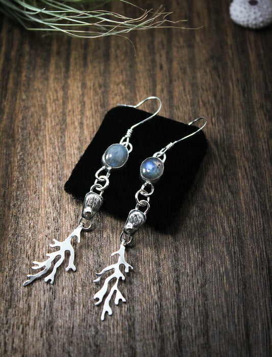 Crystal DeRosier Oval Labradorite & Sterling Long Coral Fringe Earrings