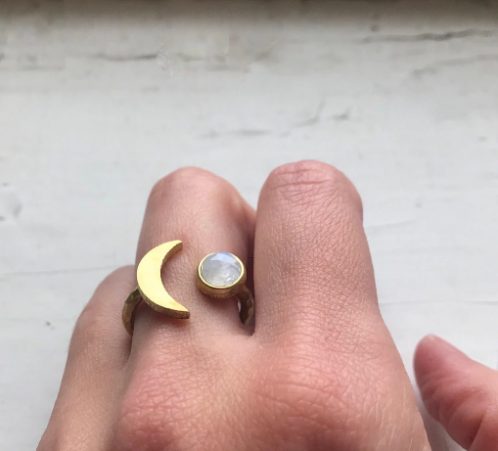 Yugen Moon Goddess Crescent Ring w/Rainbow Moonstone