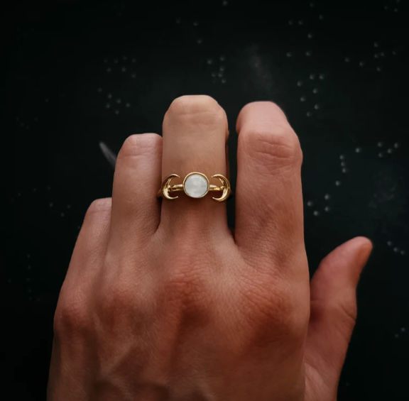 Yugen "Lunar Witch" Crescent Moon Ring with Rainbow Moonstone