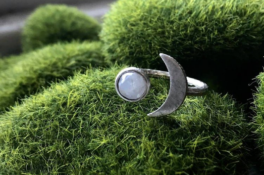 Yugen Moon Goddess Crescent Ring w/Rainbow Moonstone